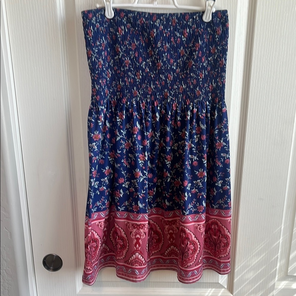 Blue Strapless Smocked Fit and Flare Midi Dress